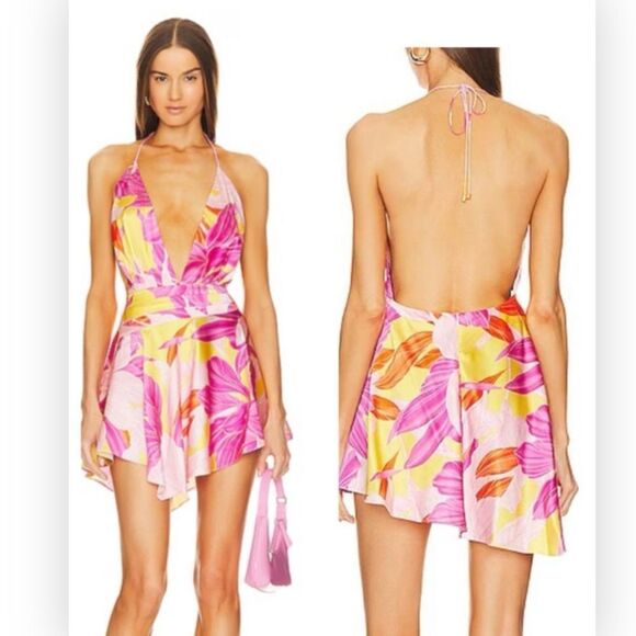 Retrofete Valo Halter Open Back Silk Botanical Floral Mini NWT Dress M $445 - Picture 1 of 11